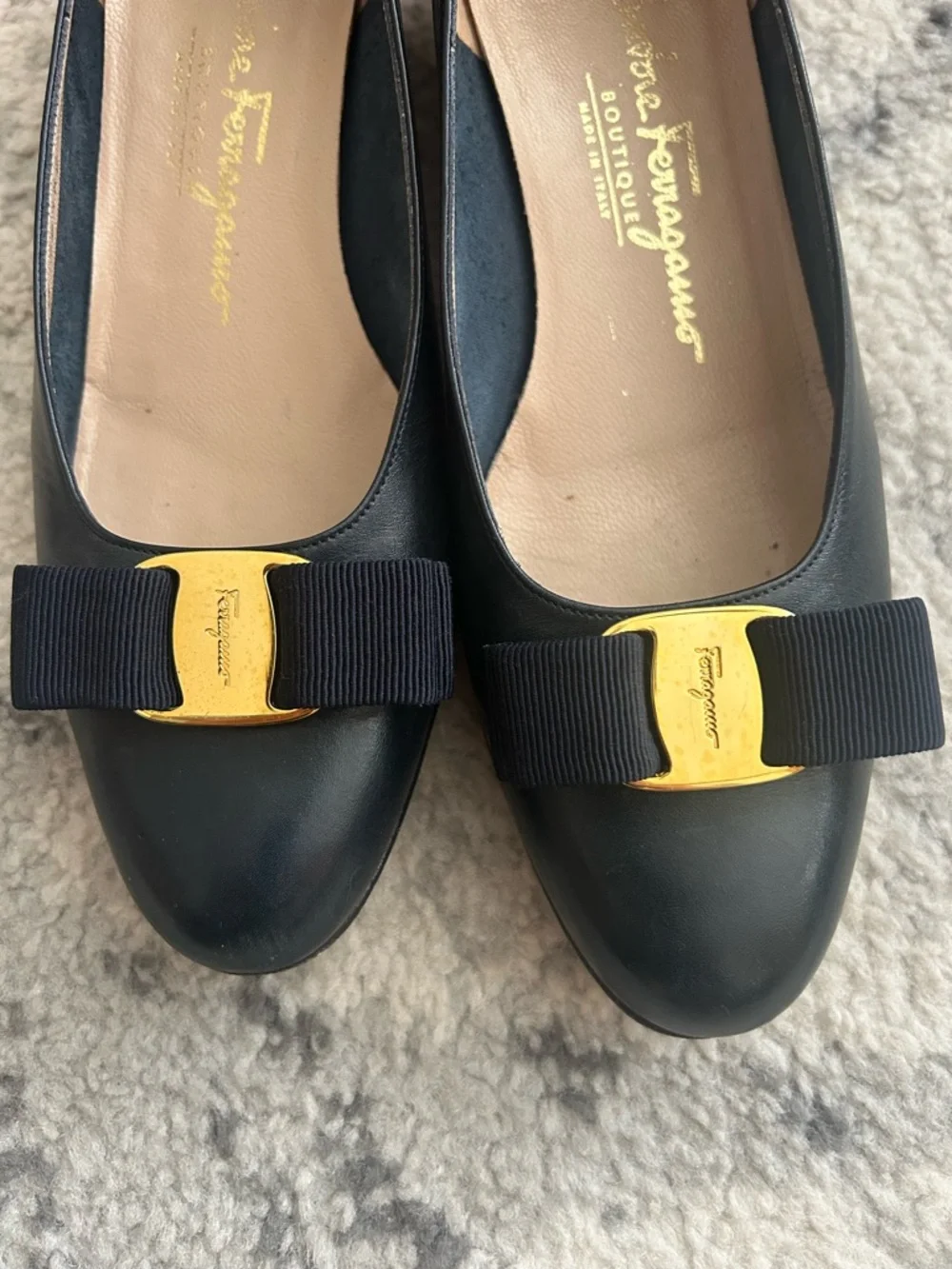 Salvatore Ferragamo Black Leather Vara Bow Pumps with Gold Buckle - Picture 8 of 10
